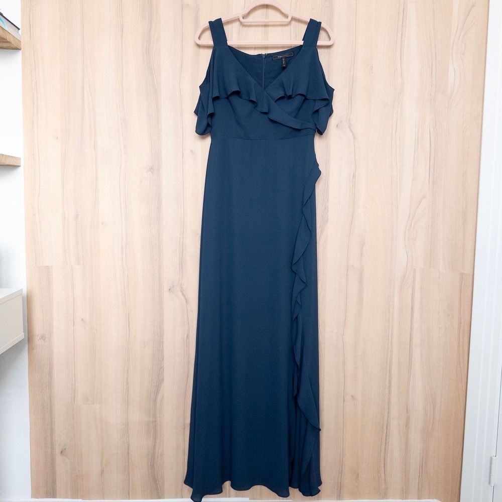 BCBGMAXAZRIA Maxi Dress 12 Medium Blue‎ Cold Shoulder Ruffle Formal Classic Chic